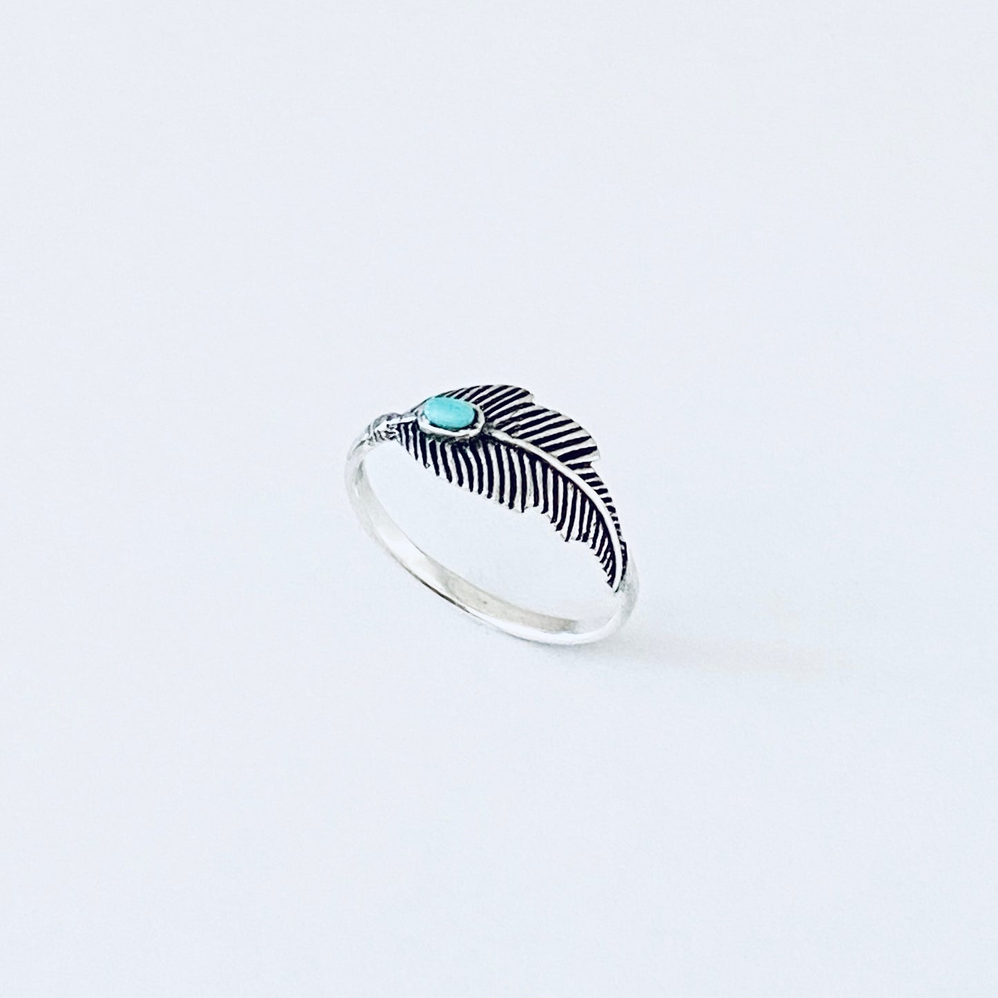 Sterling Silver Dainty Feather Ring with Turquoise Stone, Angels Wings Jewelry, Spirit Birds