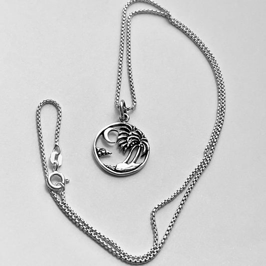 Sterling Silver Palm Tree Necklace with Moon and Beach, Island Necklaces, Waves Silver Chains