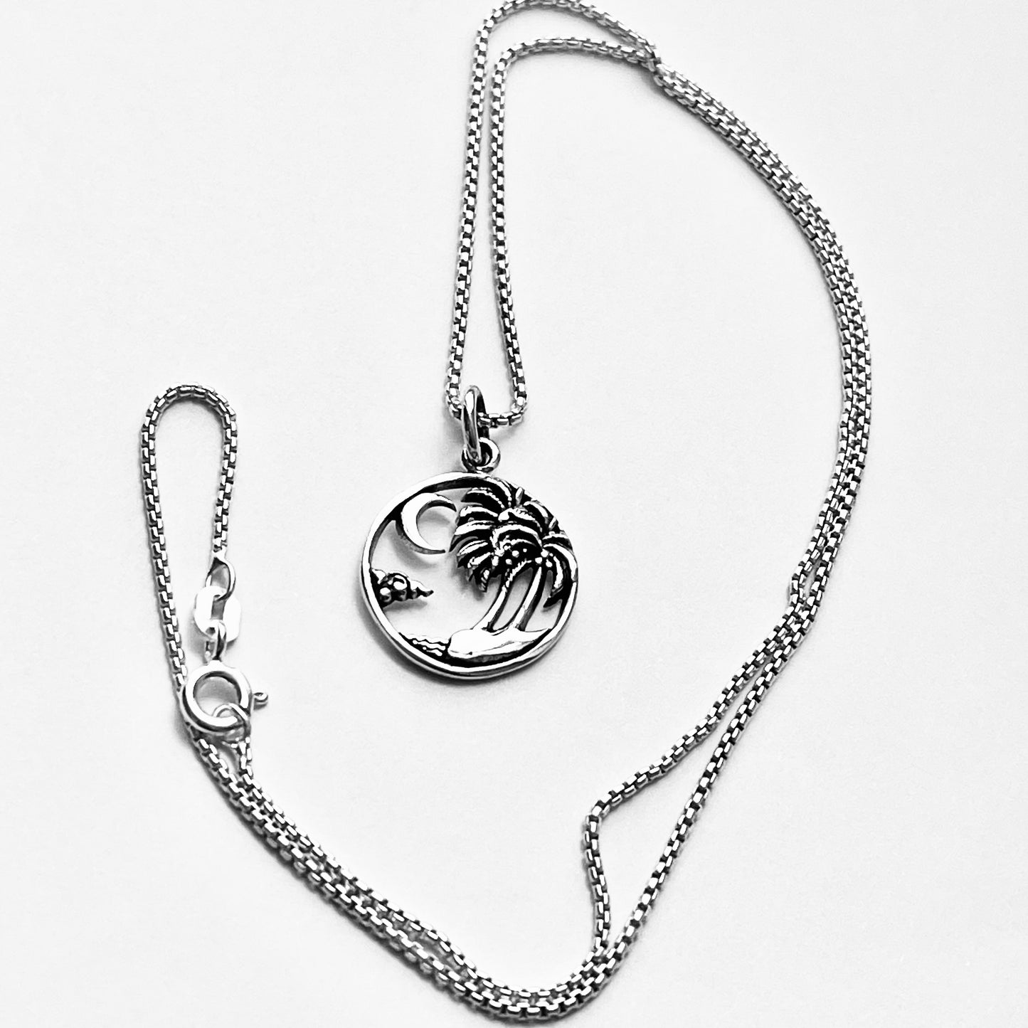 Sterling Silver Beach Palm Tree & Crescent Moon Necklace – Island Tropical Silver Pendant Chain