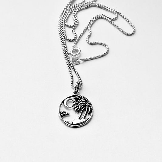 Sterling Silver Beach Palm Tree & Crescent Moon Necklace – Island Tropical Silver Pendant Chain