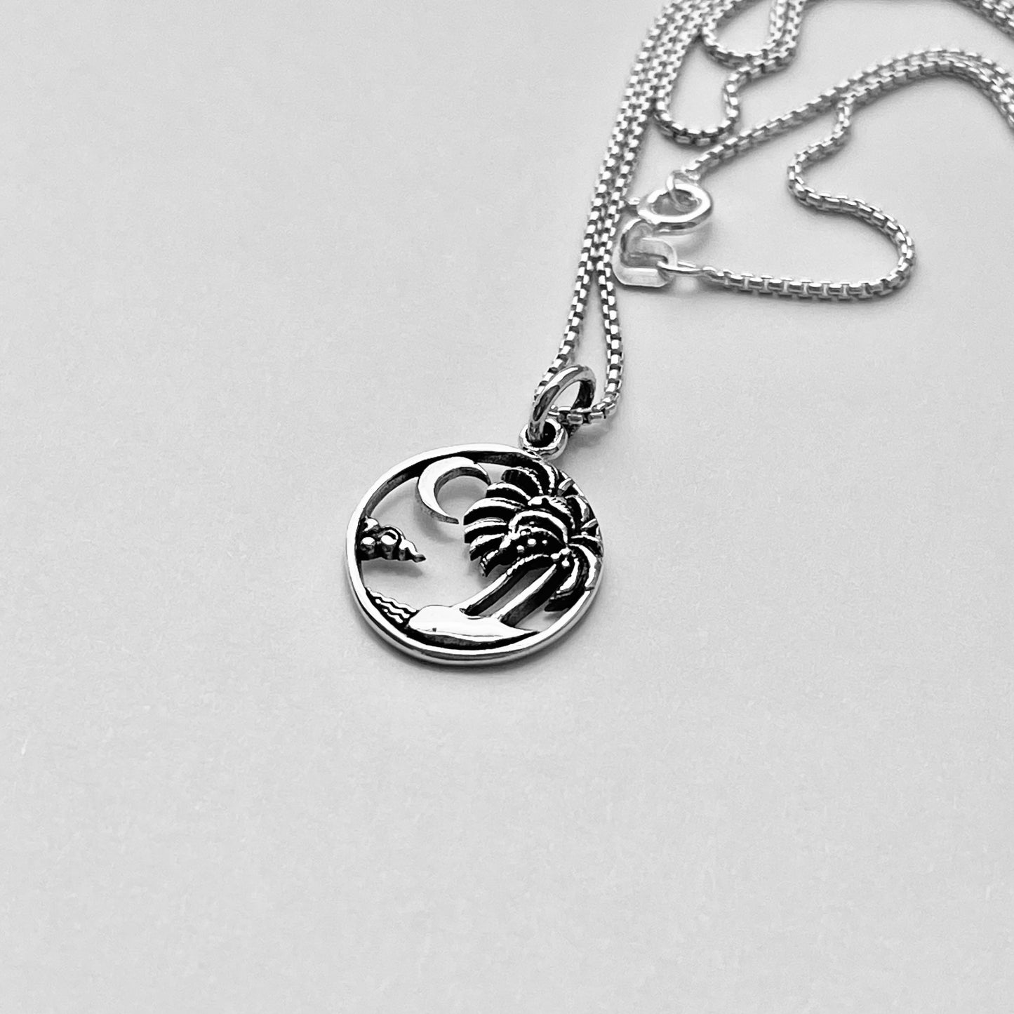 Sterling Silver Palm Tree Necklace with Moon and Beach, Island Necklaces, Waves Silver Chains