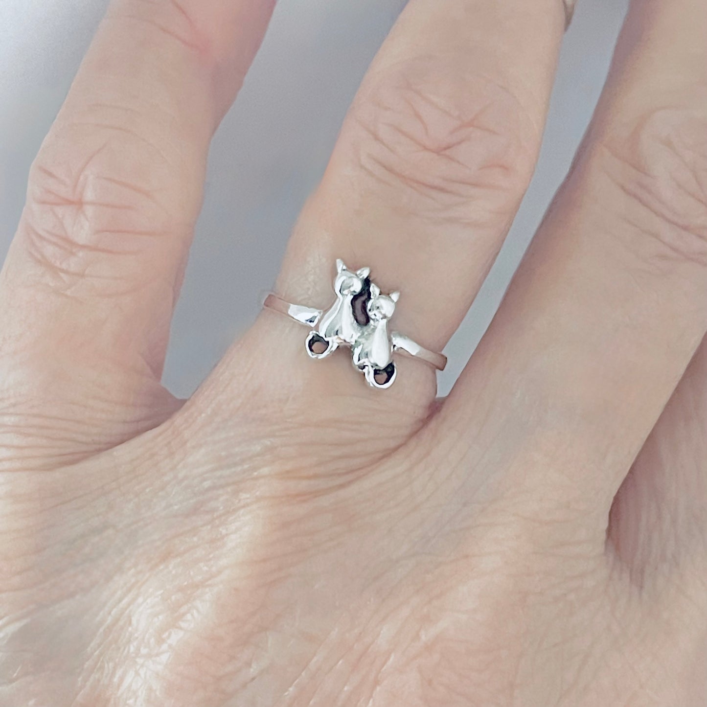 Sterling Silver Dainty Little Best Friends Cat Ring, Delicate Kitten Rings, Animal Pets Jewelry