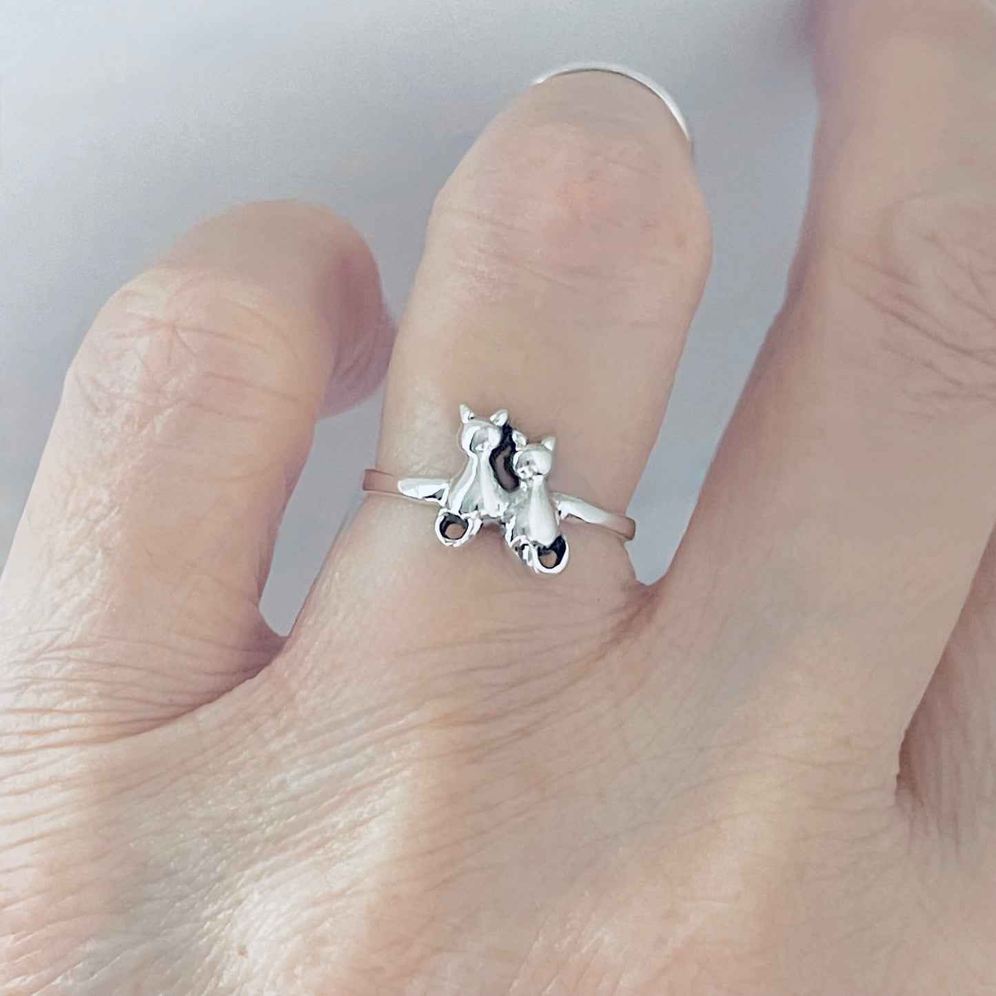Sterling Silver Dainty Little Best Friends Cat Ring, Delicate Kitten Rings, Animal Pets Jewelry