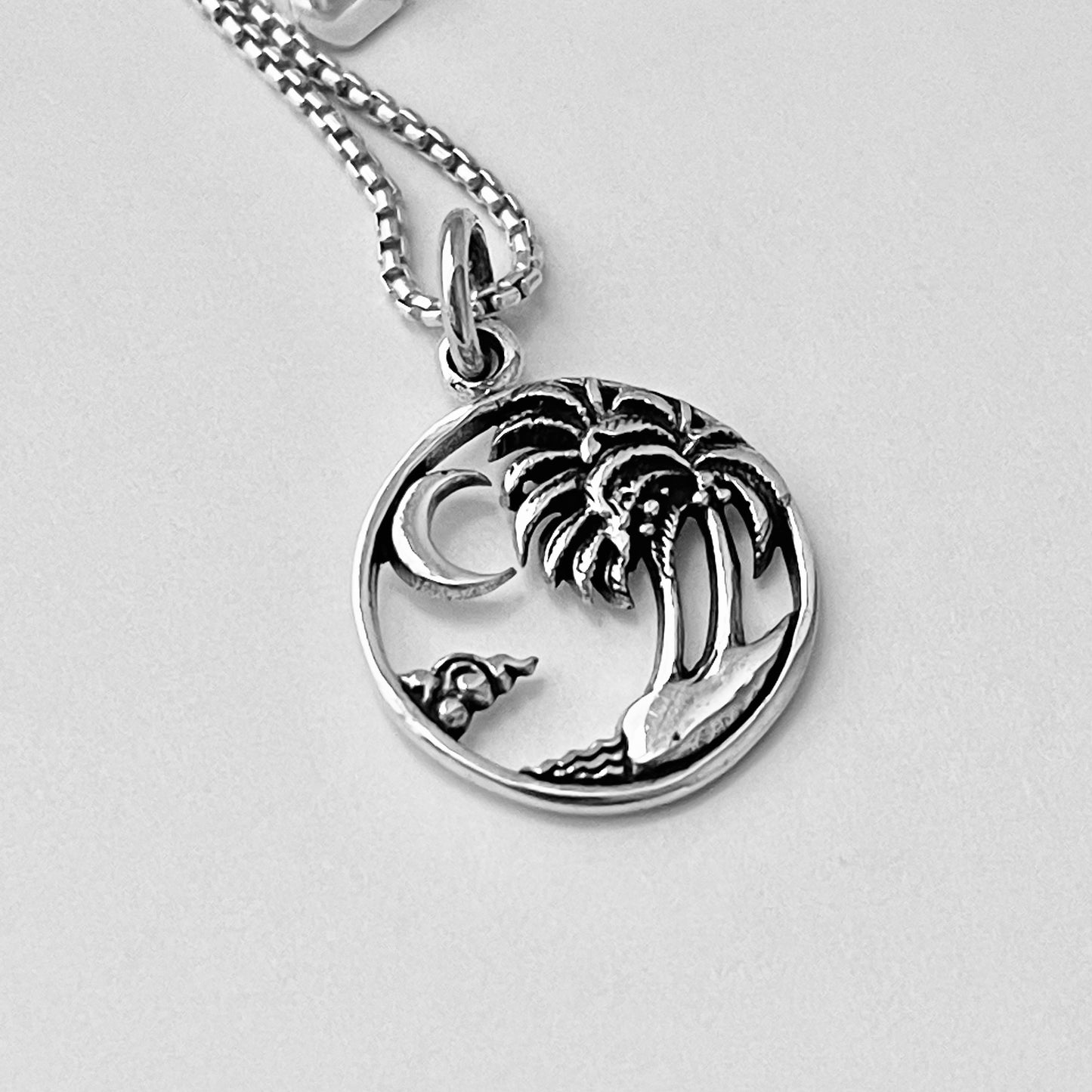 Sterling Silver Palm Tree Necklace with Moon and Beach, Island Necklaces, Waves Silver Chains