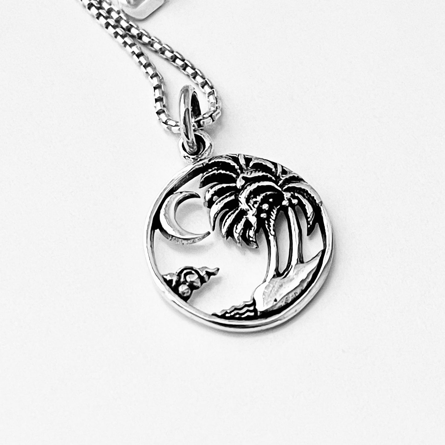 Sterling Silver Beach Palm Tree & Crescent Moon Necklace – Island Tropical Silver Pendant Chain