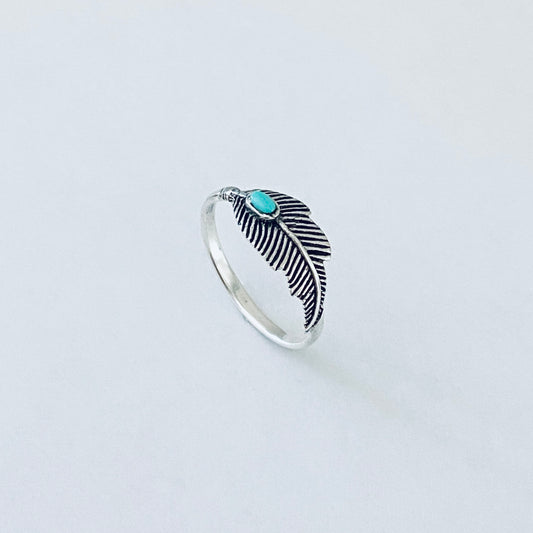 Sterling Silver Feather Ring with Synthetic Turquoise Stone, Angels Wings, Silver Bird Rings