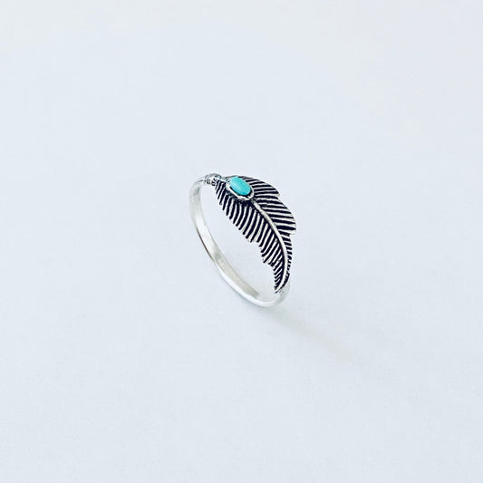 Sterling Silver Dainty Feather Ring with Turquoise Stone, Angels Wings Jewelry, Spirit Birds