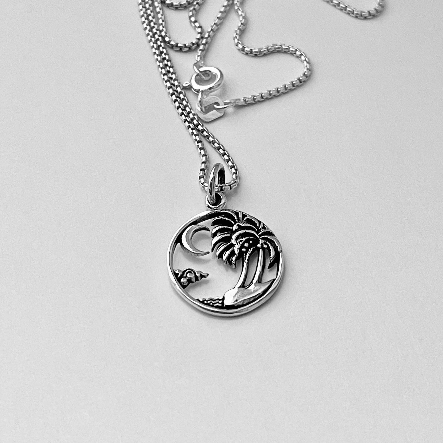 Sterling Silver Palm Tree Necklace with Moon and Beach, Island Necklaces, Waves Silver Chains