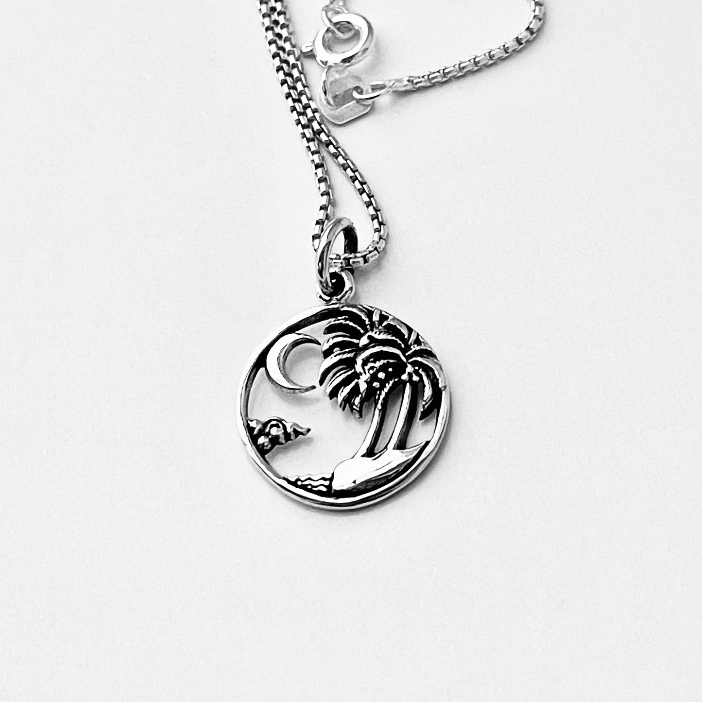 Sterling Silver Beach Palm Tree & Crescent Moon Necklace – Island Tropical Silver Pendant Chain