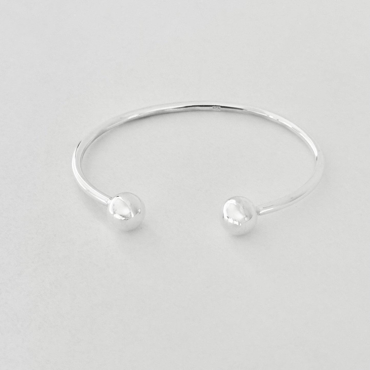 925 Sterling Silver High Polish Ball Cuff Bangle | Adjustable Silver Bracelet