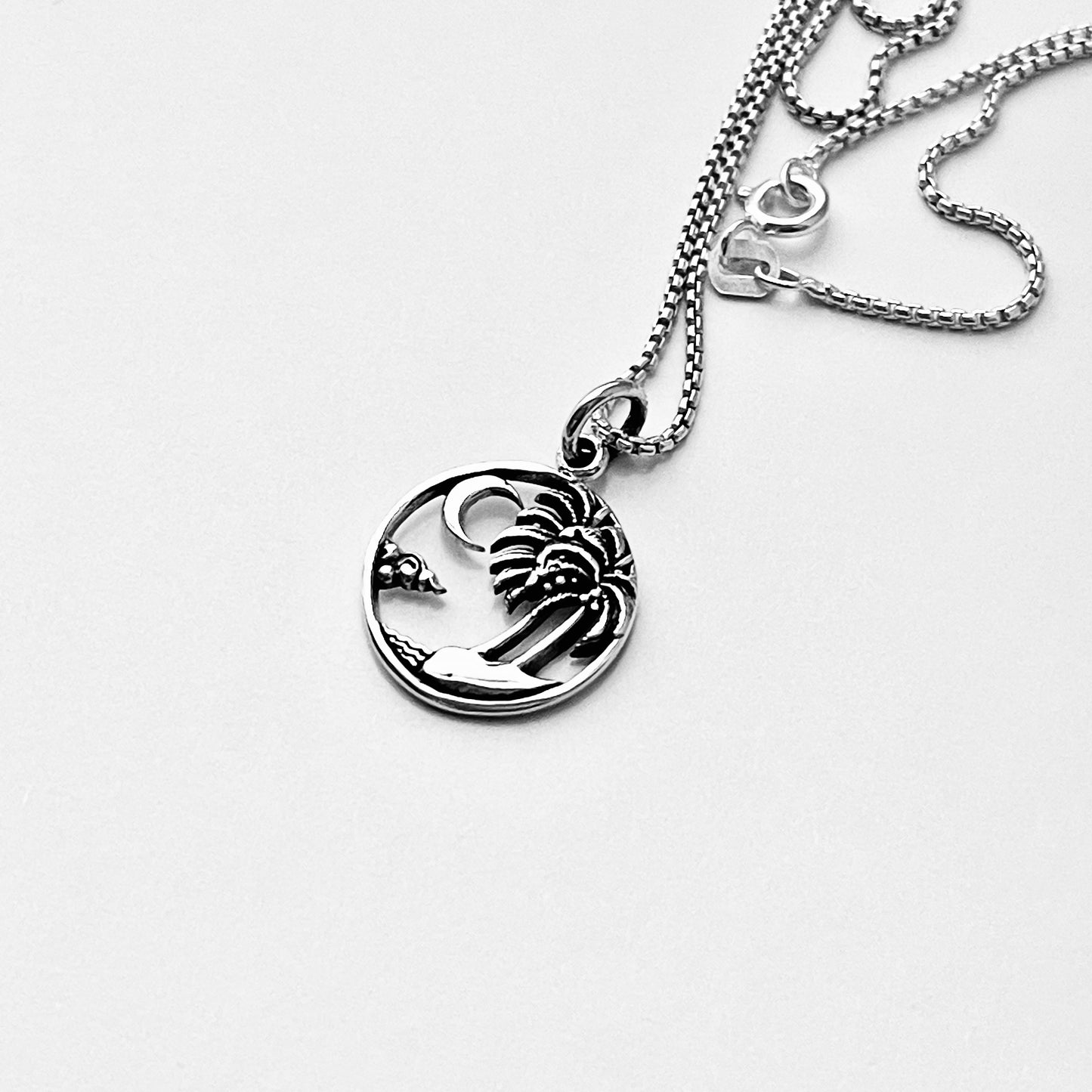 Sterling Silver Beach Palm Tree & Crescent Moon Necklace – Island Tropical Silver Pendant Chain