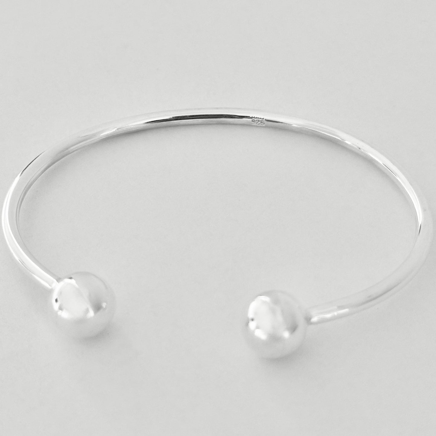 925 Sterling Silver High Polish Ball Cuff Bangle | Adjustable Silver Bracelet