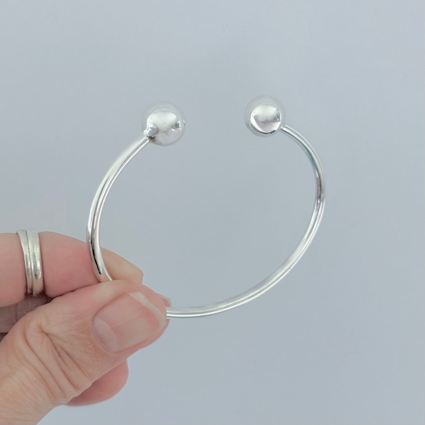 925 Sterling Silver High Polish Ball Cuff Bangle | Adjustable Silver Bracelet