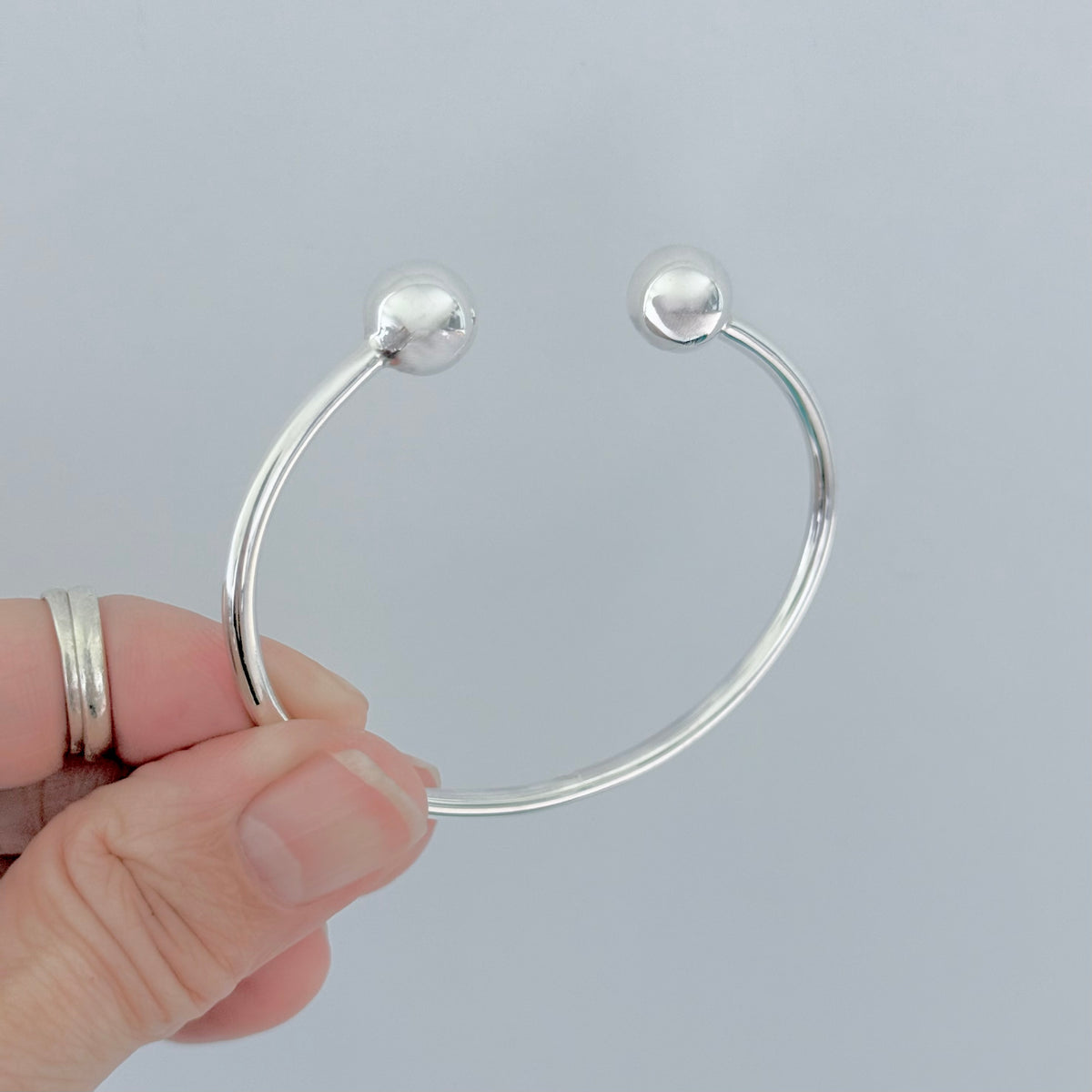 925 Sterling Silver High Polish Ball Cuff Bangle | Adjustable Silver Bracelet