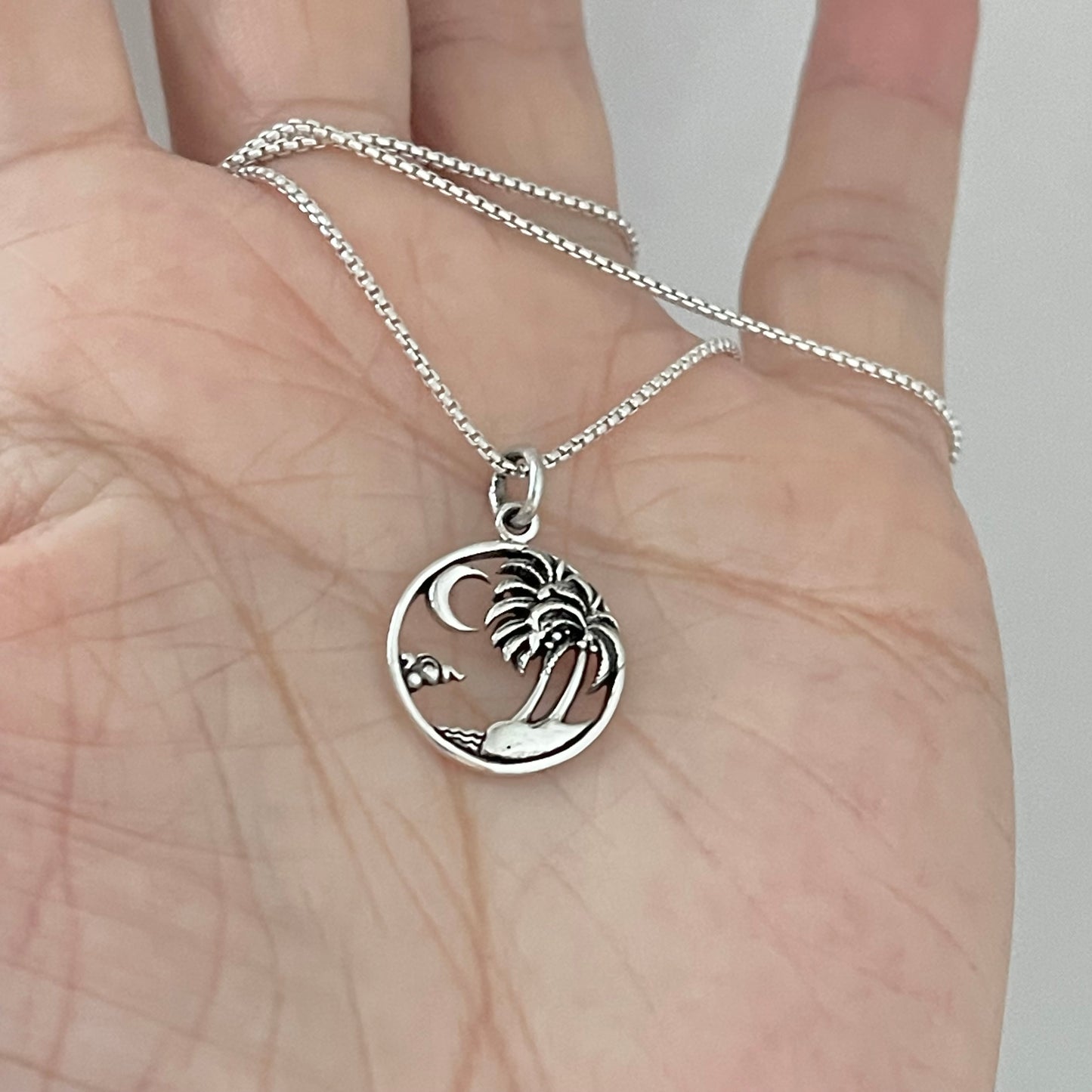 Sterling Silver Palm Tree Necklace with Moon and Beach, Island Necklaces, Waves Silver Chains