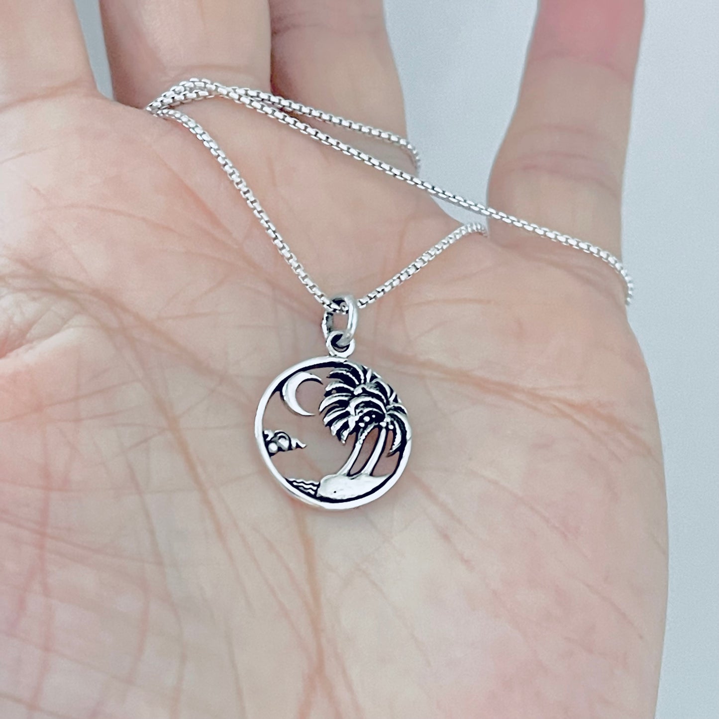 Sterling Silver Beach Palm Tree & Crescent Moon Necklace – Island Tropical Silver Pendant Chain