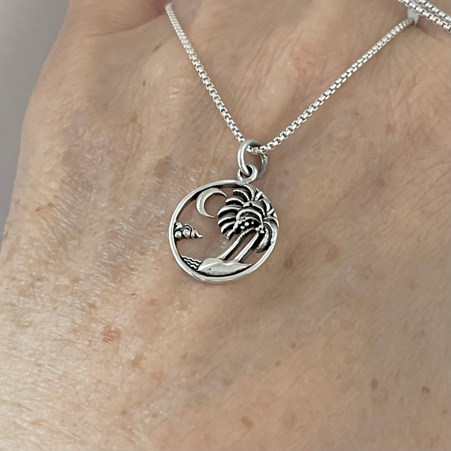 Sterling Silver Palm Tree Necklace with Moon and Beach, Island Necklaces, Waves Silver Chains