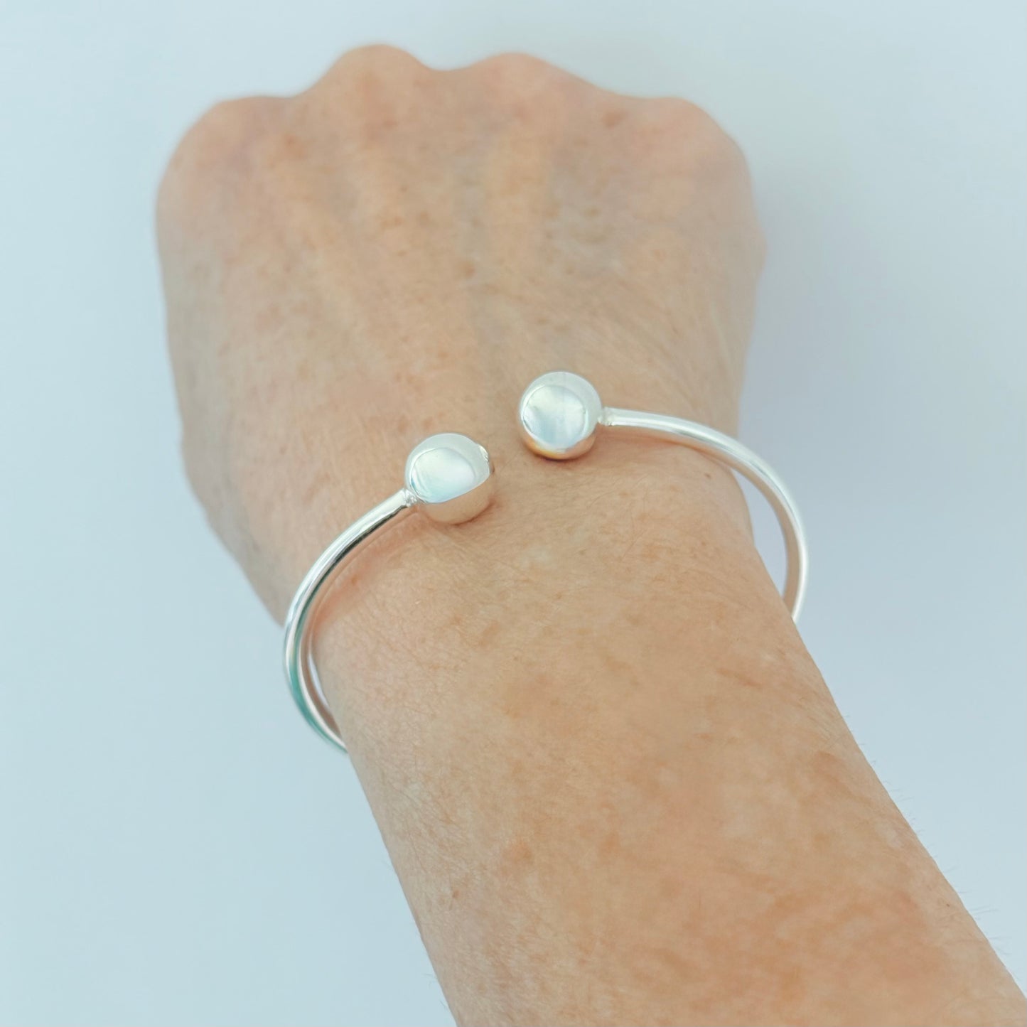 925 Sterling Silver High Polish Ball Cuff Bangle | Adjustable Silver Bracelet
