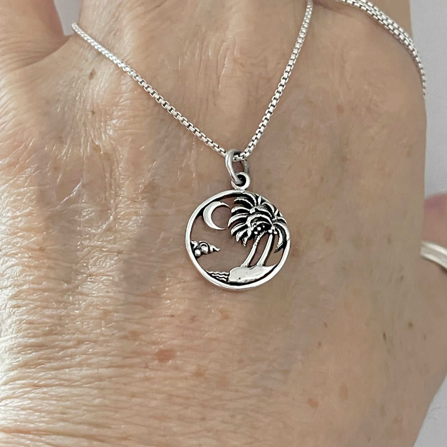 Sterling Silver Palm Tree Necklace with Moon and Beach, Island Necklaces, Waves Silver Chains