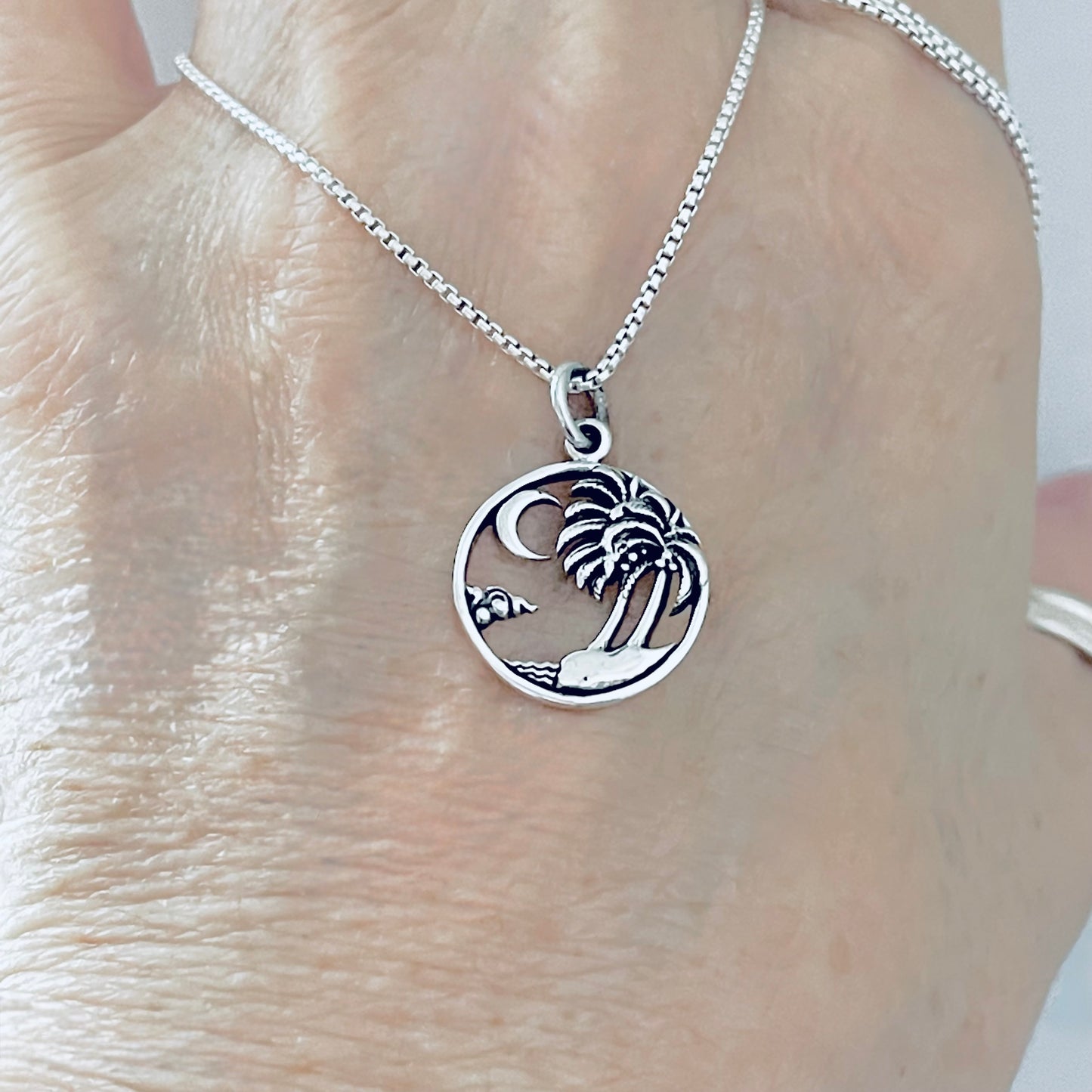 Sterling Silver Beach Palm Tree & Crescent Moon Necklace – Island Tropical Silver Pendant Chain