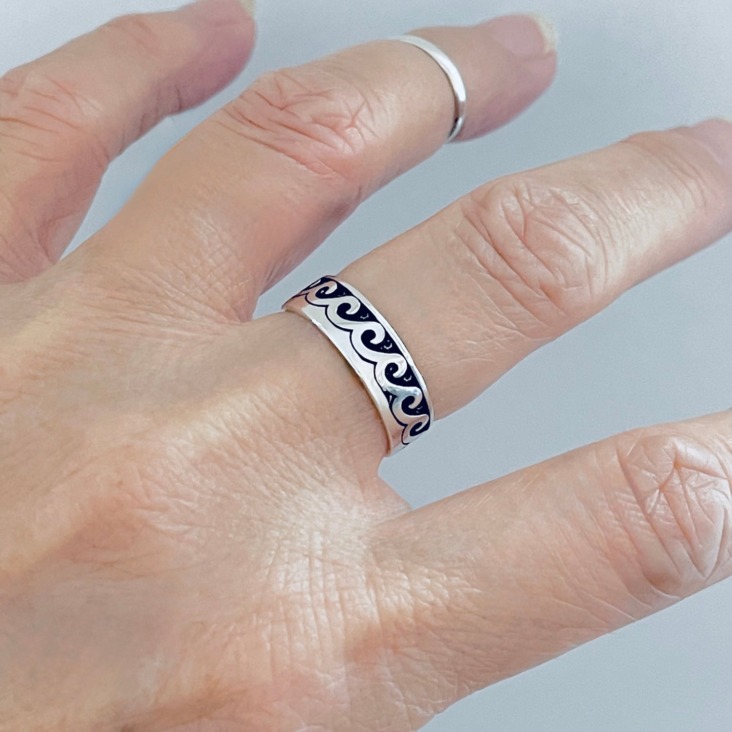 Sterling Silver Unisex Eternity Wave Band, Wedding Ring, Ocean Waves, Stackable Jewelry