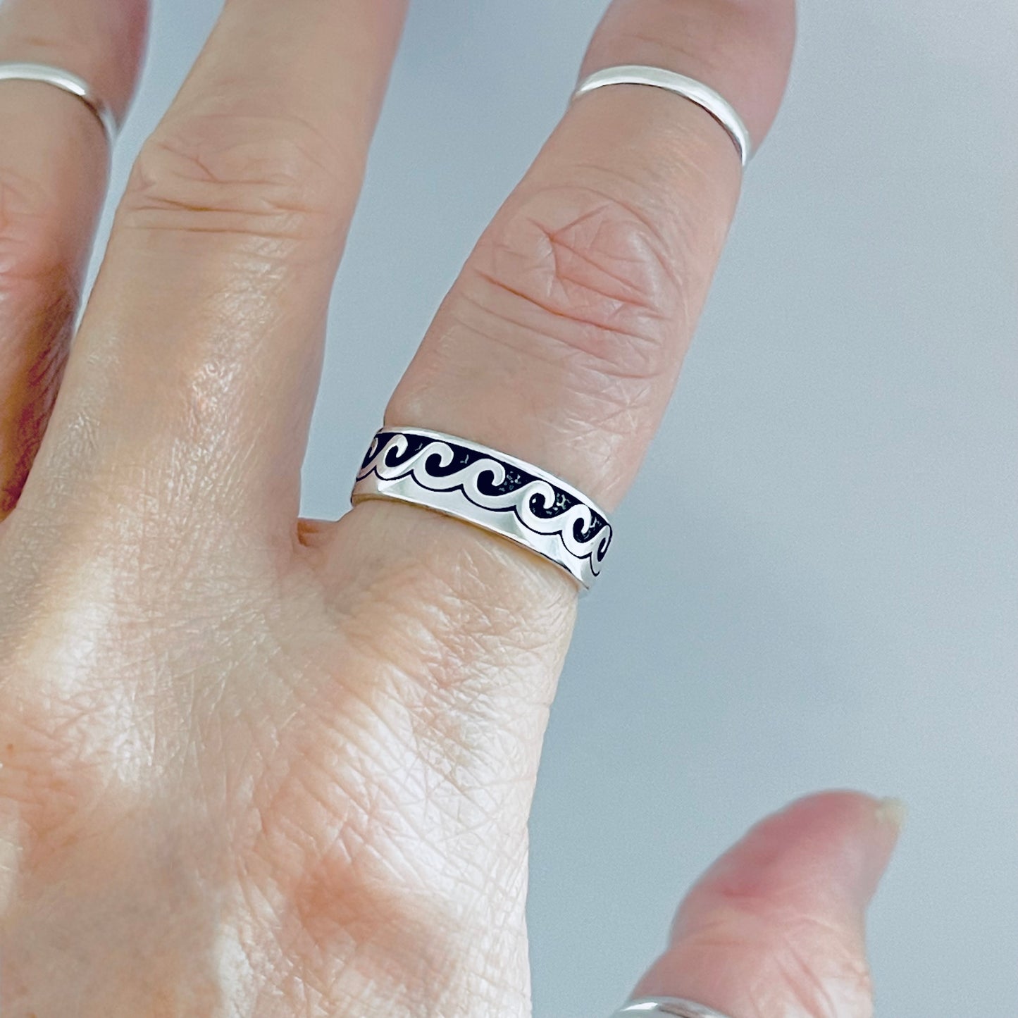 Sterling Silver Unisex Eternity Wave Band, Wedding Ring, Ocean Waves, Stackable Jewelry