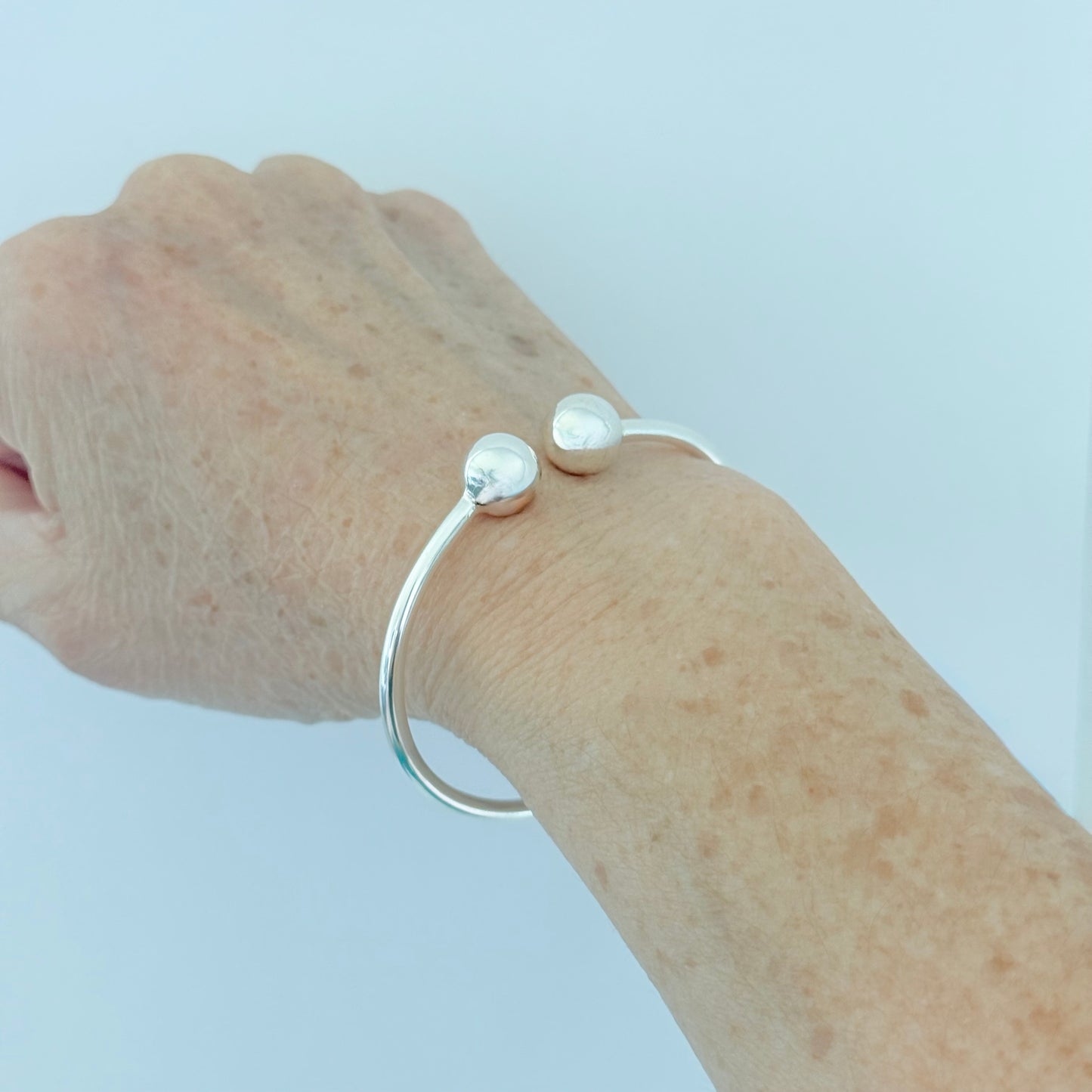 925 Sterling Silver High Polish Ball Cuff Bangle | Adjustable Silver Bracelet