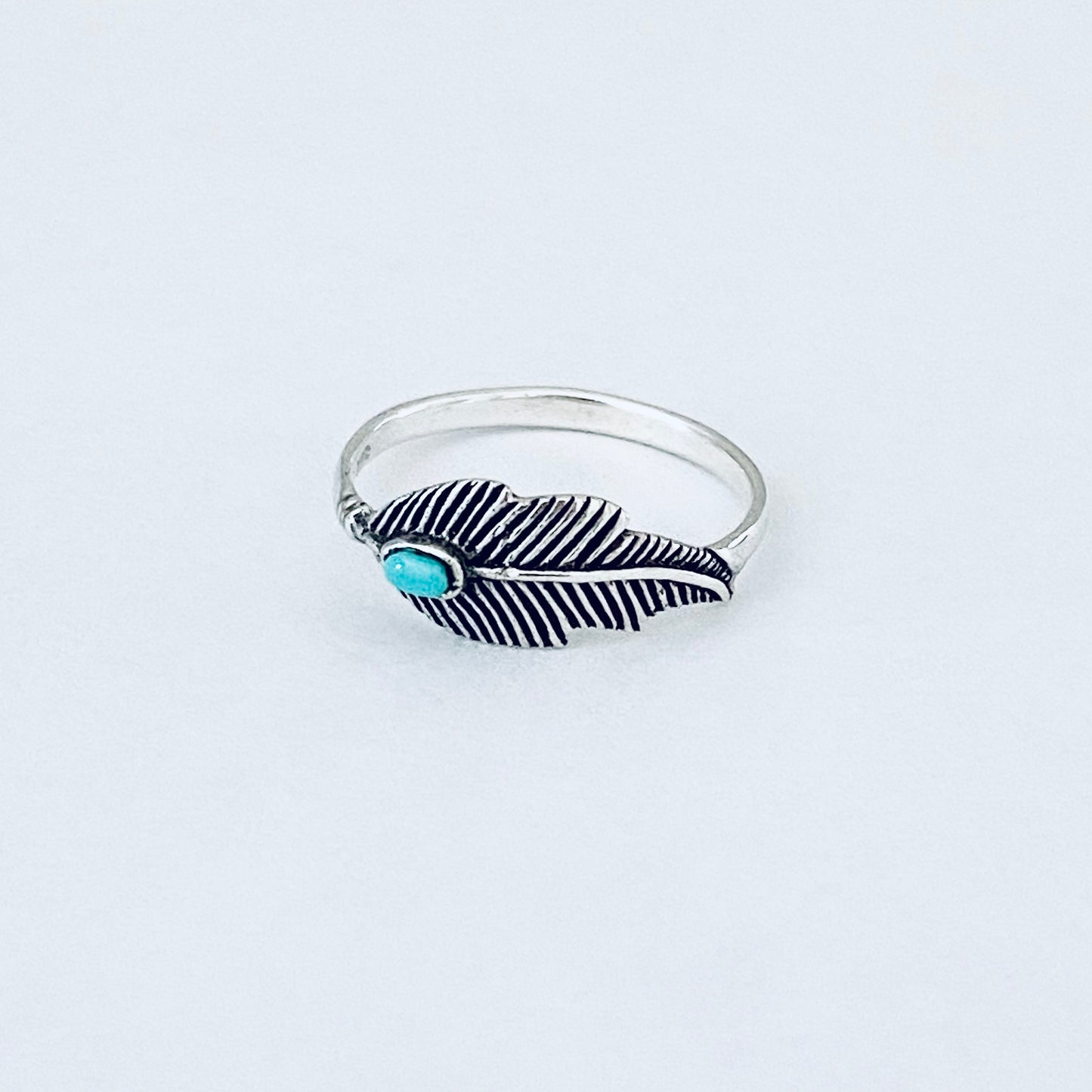 Sterling Silver Dainty Feather Ring with Turquoise Stone, Angels Wings Jewelry, Spirit Birds