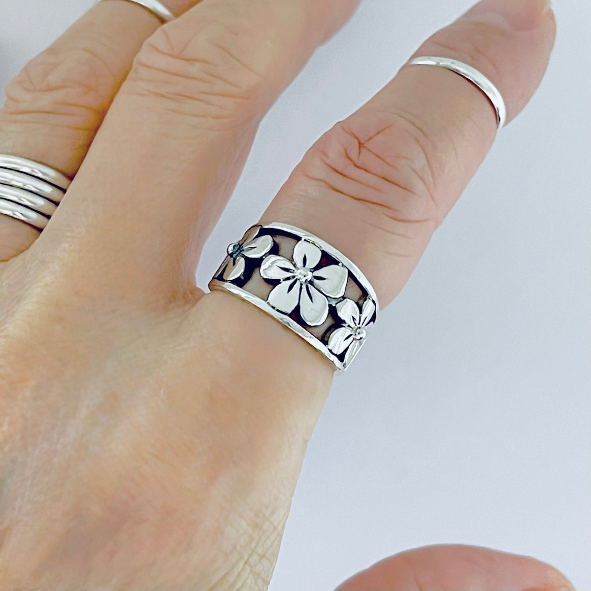 925 Sterling Silver Triple Plumeria Flower Ring  – Hawaiian Floral Silver Rings