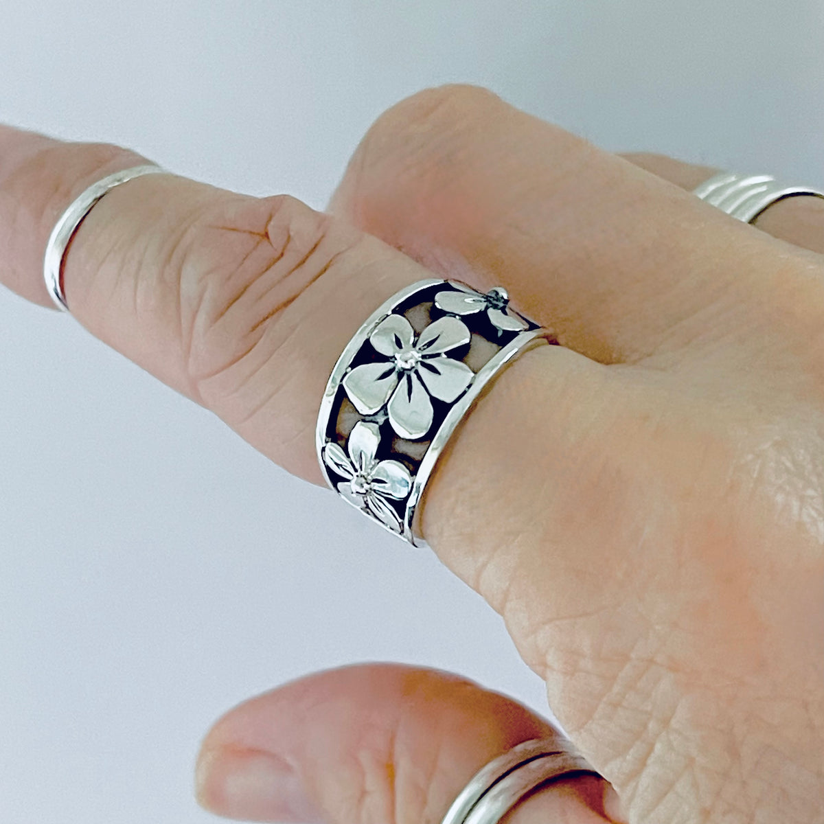 925 Sterling Silver Triple Plumeria Flower Ring  – Hawaiian Floral Silver Rings