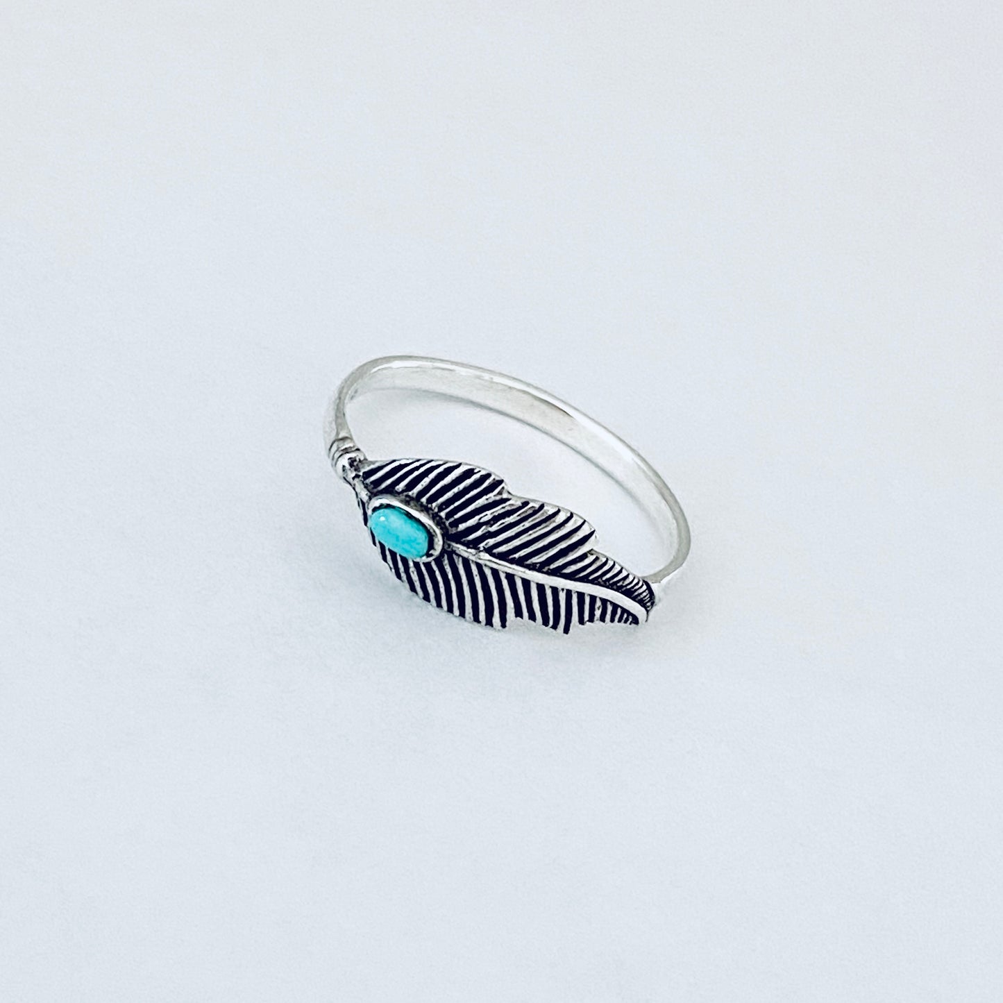 Sterling Silver Dainty Feather Ring with Turquoise Stone, Angels Wings Jewelry, Spirit Birds