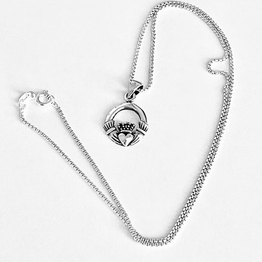 925 Sterling Silver Small Irish Claddagh Necklace | Crown Heart Hand Pendant Chain