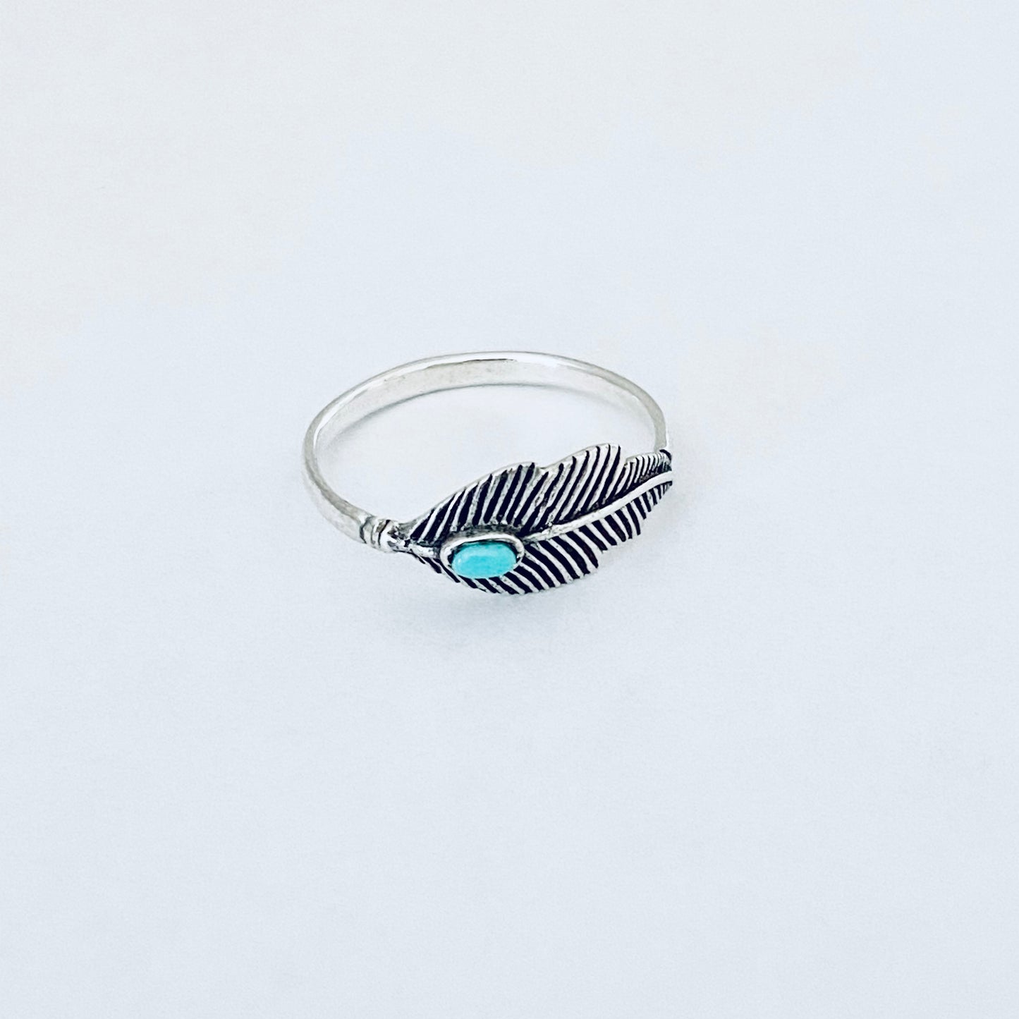 Sterling Silver Dainty Feather Ring with Turquoise Stone, Angels Wings Jewelry, Spirit Birds