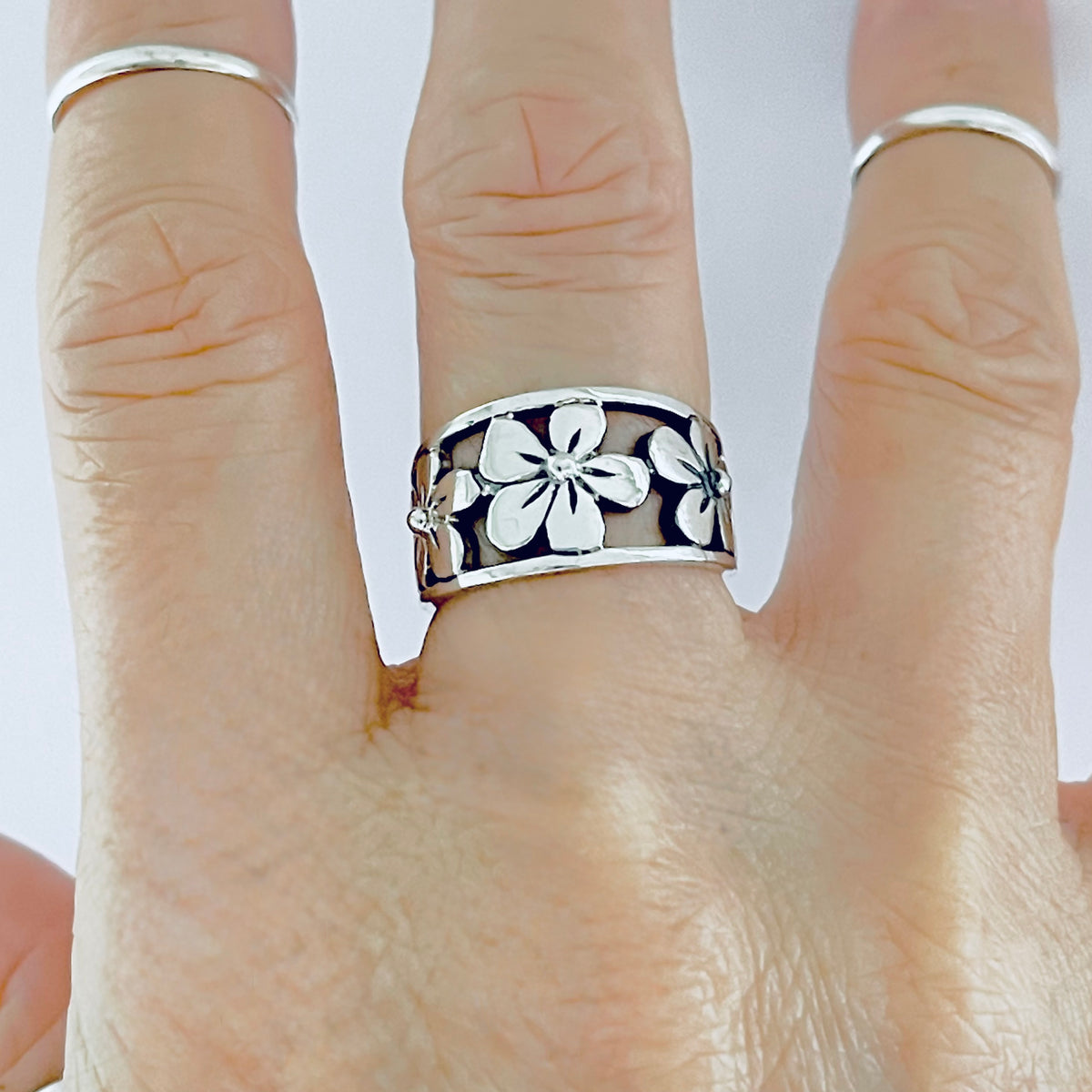 925 Sterling Silver Triple Plumeria Flower Ring  – Hawaiian Floral Silver Rings