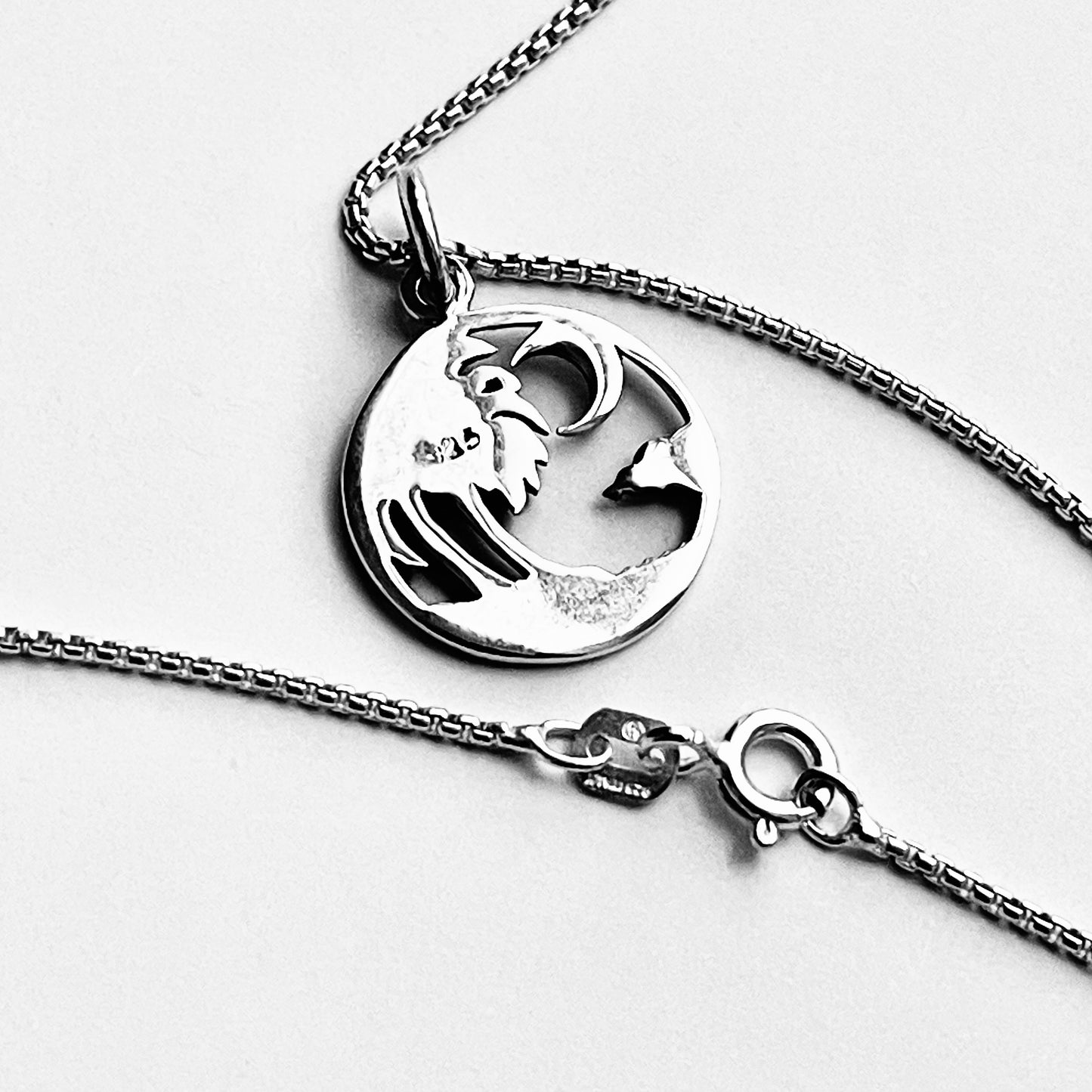 Sterling Silver Beach Palm Tree & Crescent Moon Necklace – Island Tropical Silver Pendant Chain