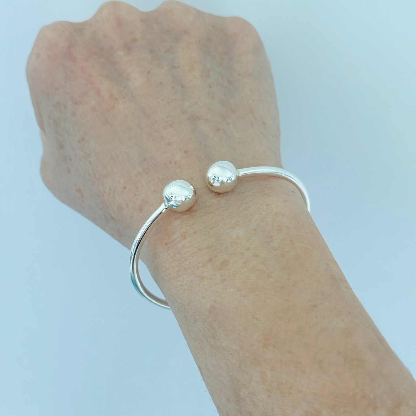 925 Sterling Silver High Polish Ball Cuff Bangle | Adjustable Silver Bracelet