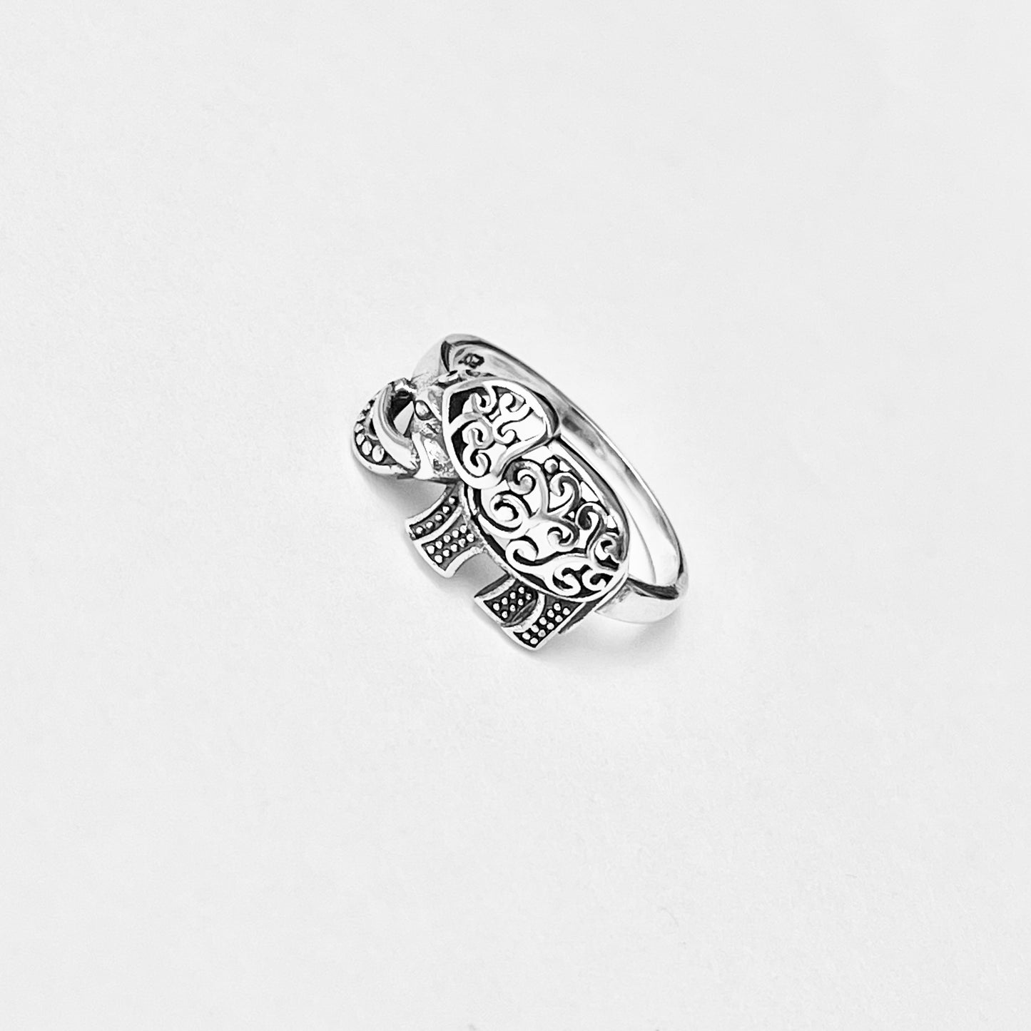 925 Sterling Silver Large Filigree and Dots Elephant Ring | Good Luck Statement Animal Silver Rings