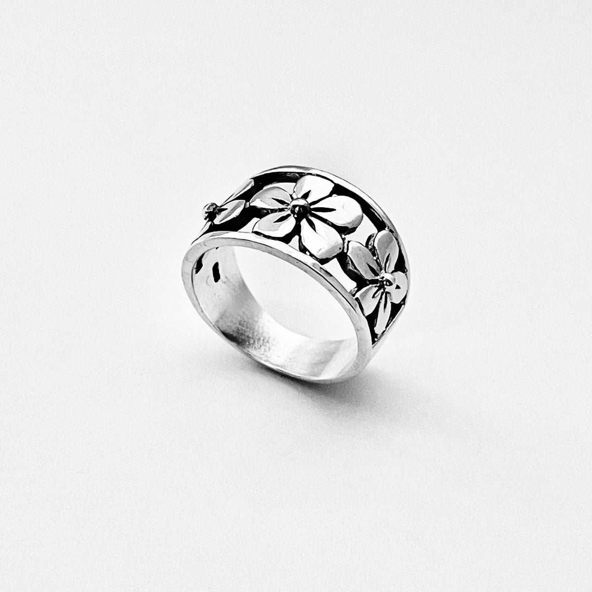 925 Sterling Silver Triple Plumeria Flower Ring  – Hawaiian Floral Silver Rings