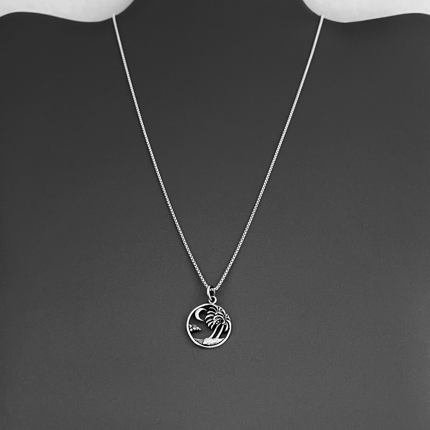 Sterling Silver Palm Tree Necklace with Moon and Beach, Island Necklaces, Waves Silver Chains