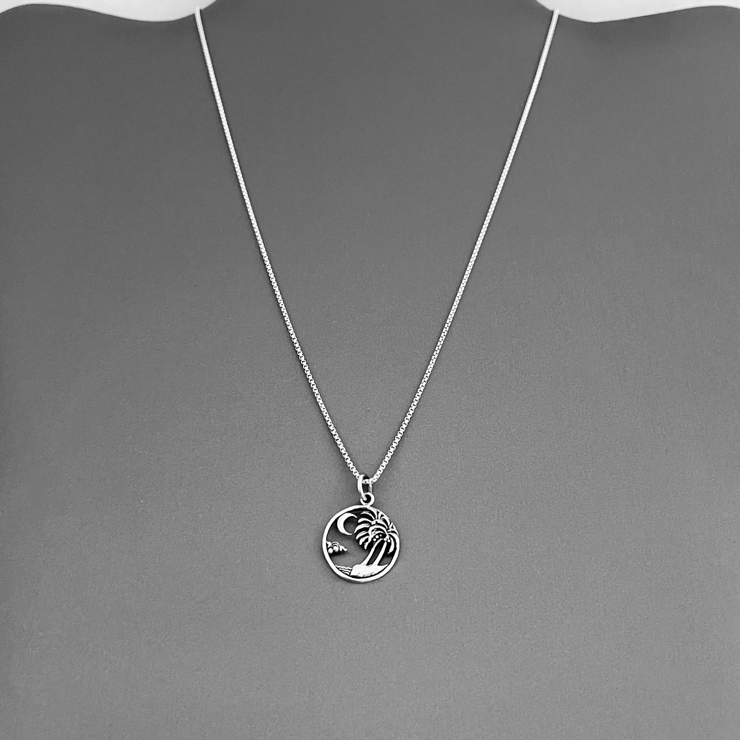 Sterling Silver Beach Palm Tree & Crescent Moon Necklace – Island Tropical Silver Pendant Chain
