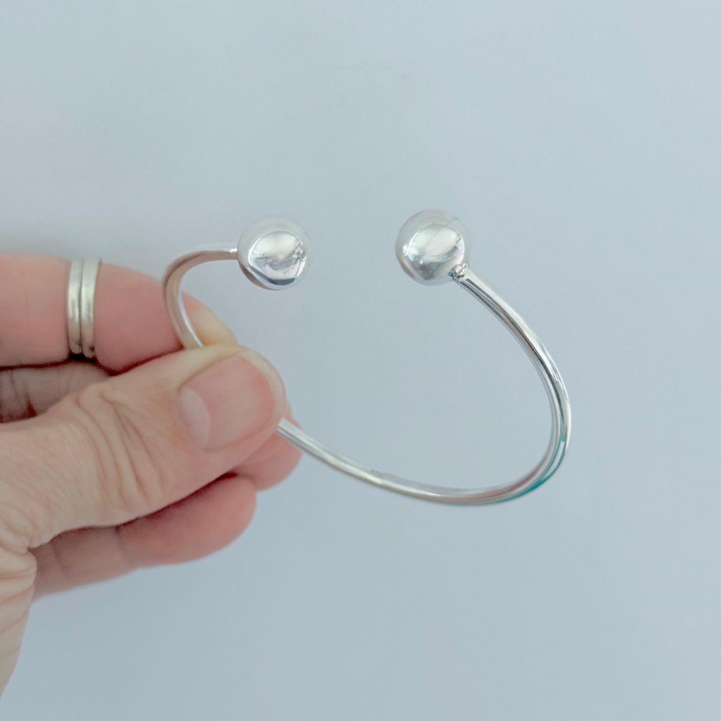 925 Sterling Silver High Polish Ball Cuff Bangle | Adjustable Silver Bracelet