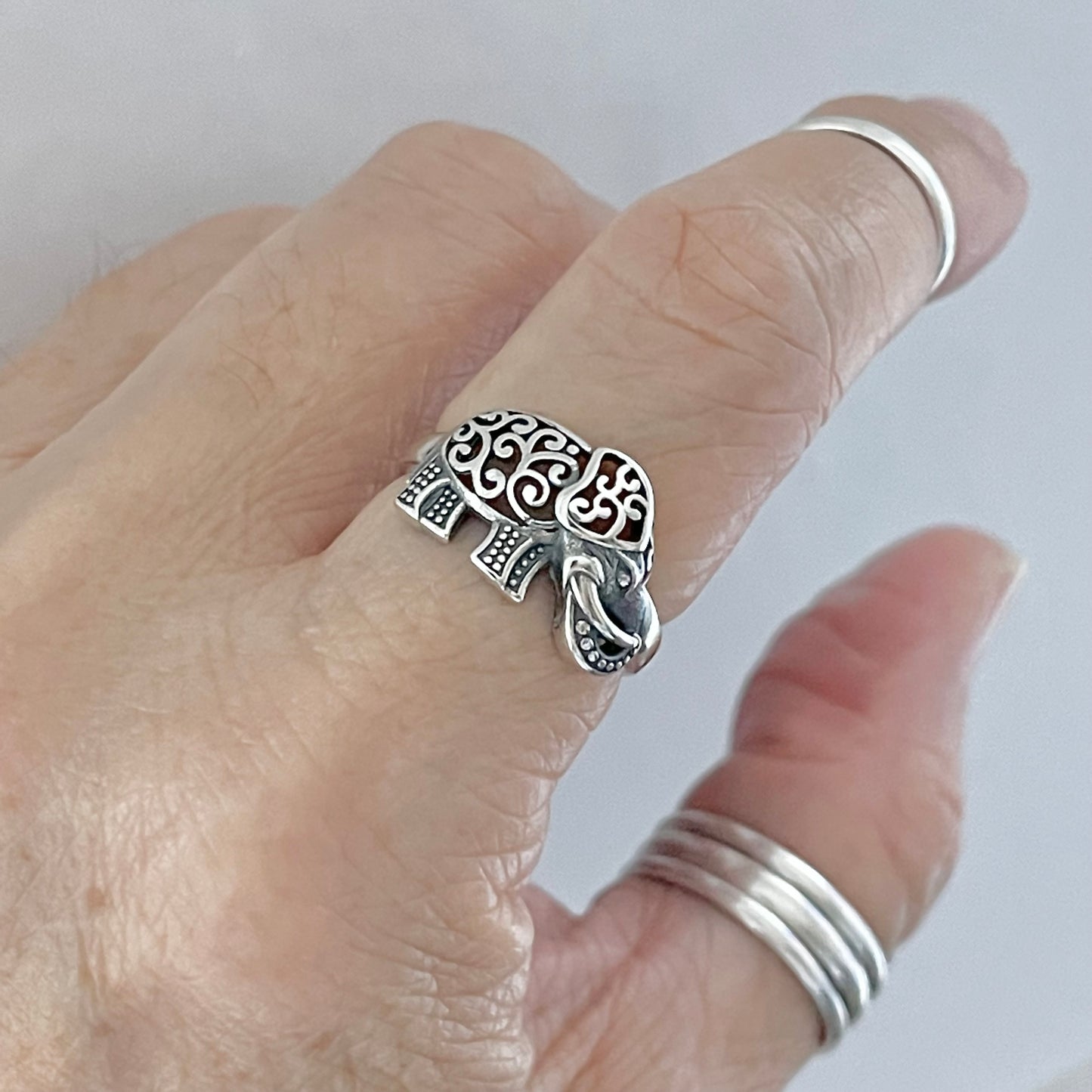 Sterling Silver Large Filigree Elephant Ring, Good Luck Ring, Animal Rings