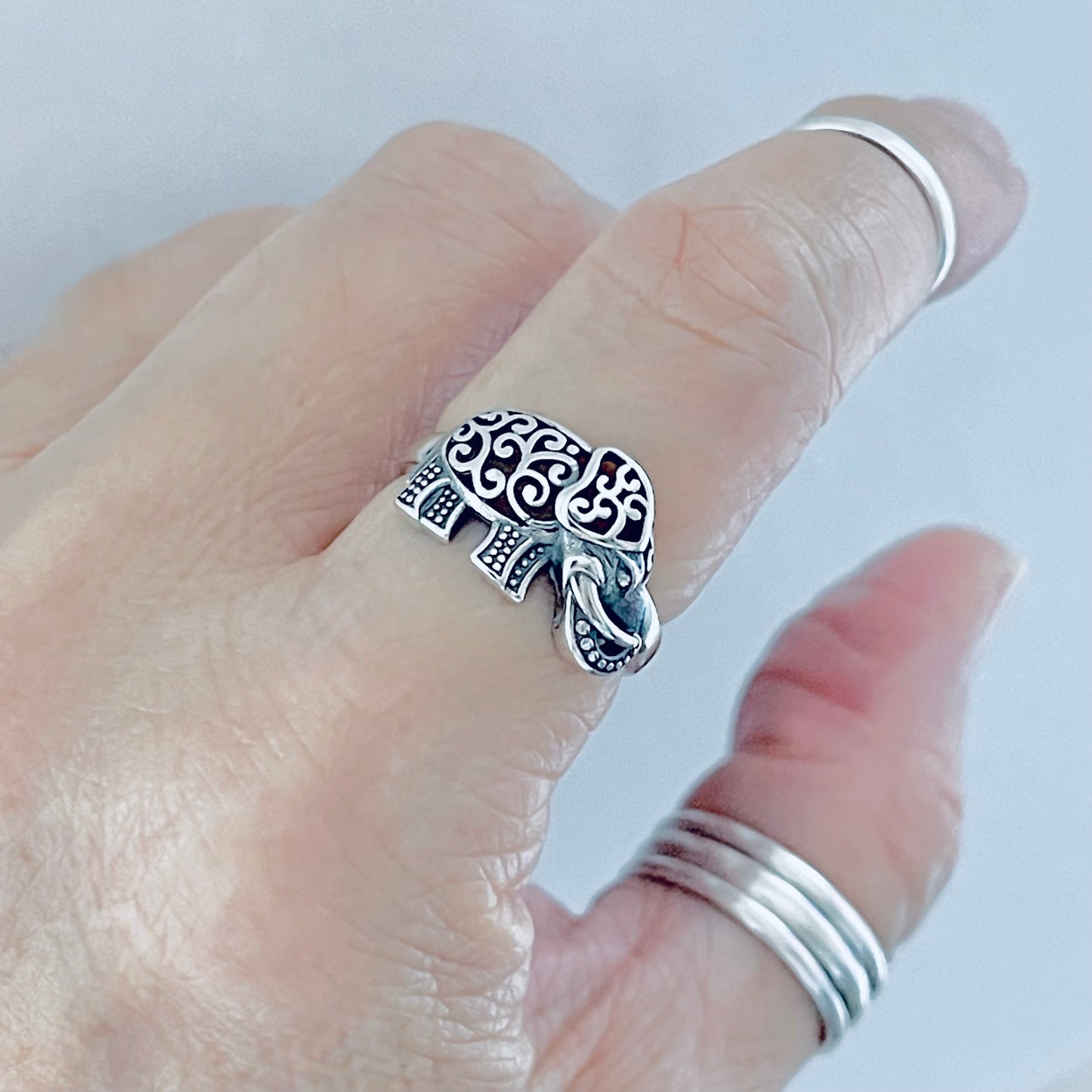 925 Sterling Silver Large Filigree and Dots Elephant Ring | Good Luck Statement Animal Silver Rings