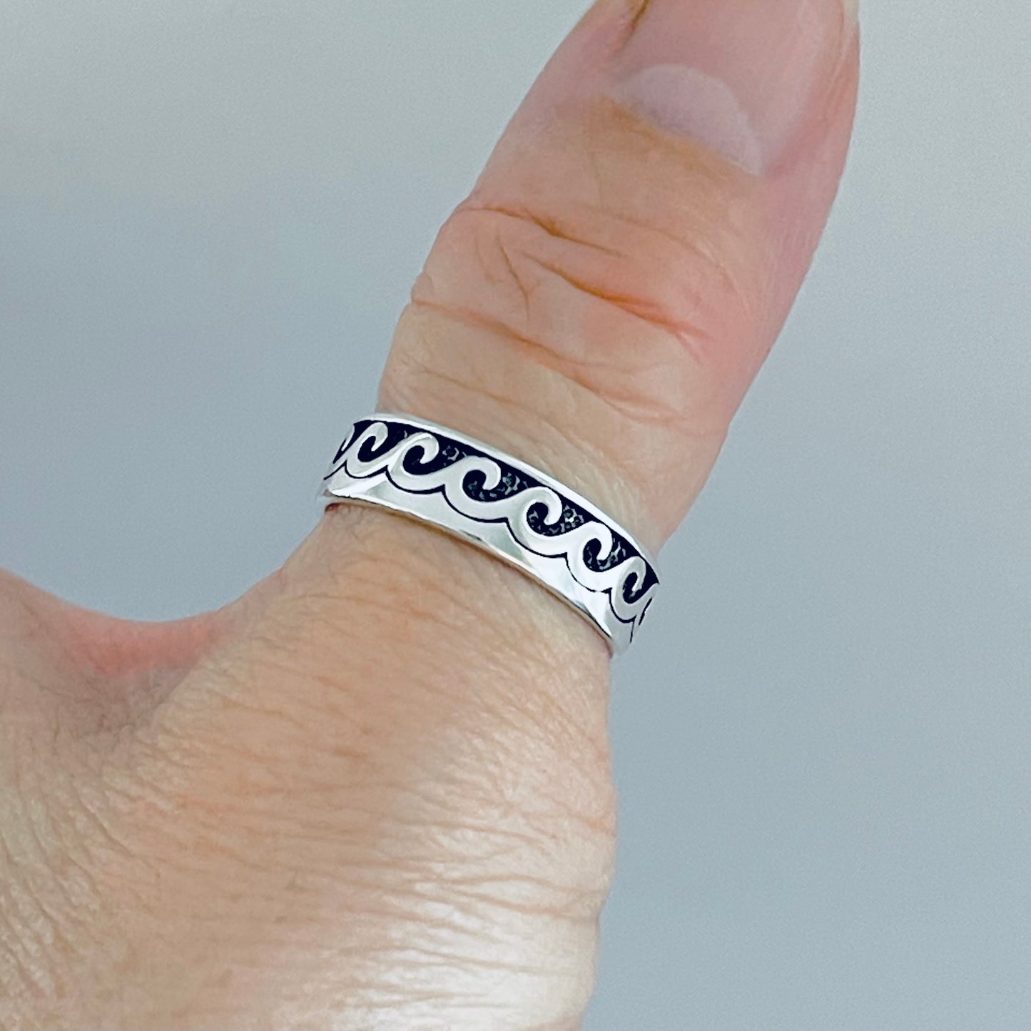 Sterling Silver Unisex Eternity Wave Band, Wedding Ring, Ocean Waves, Stackable Jewelry