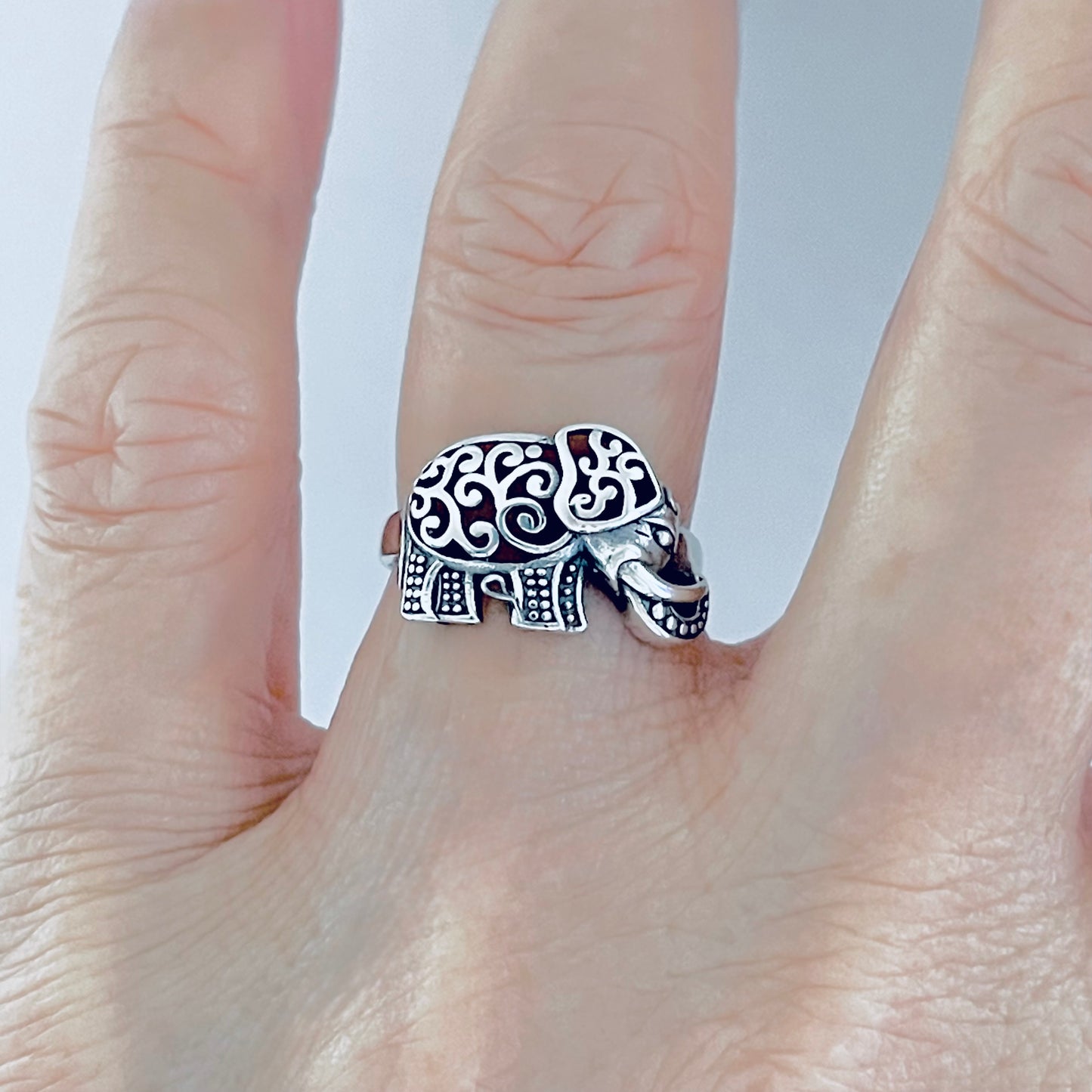 925 Sterling Silver Large Filigree and Dots Elephant Ring | Good Luck Statement Animal Silver Rings