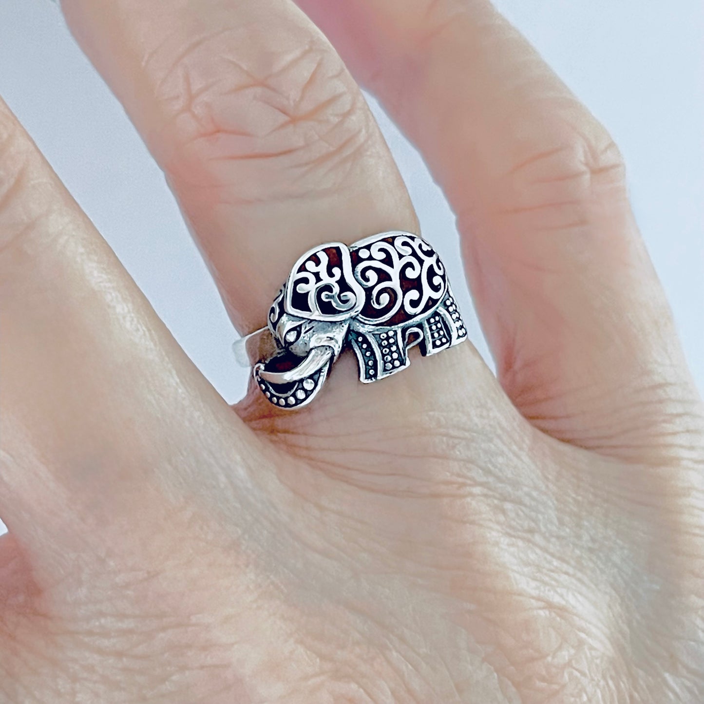 925 Sterling Silver Large Filigree and Dots Elephant Ring | Good Luck Statement Animal Silver Rings