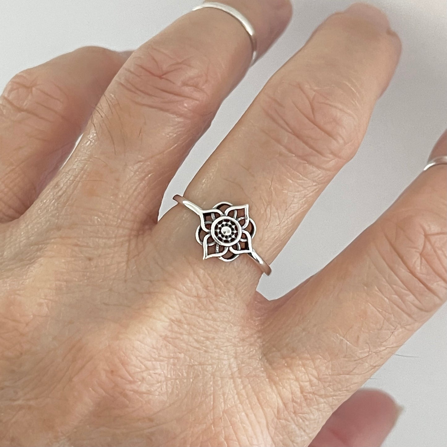 Sterling Silver Small Mandala Ring, Lotus Flower Ring, Silver Rings