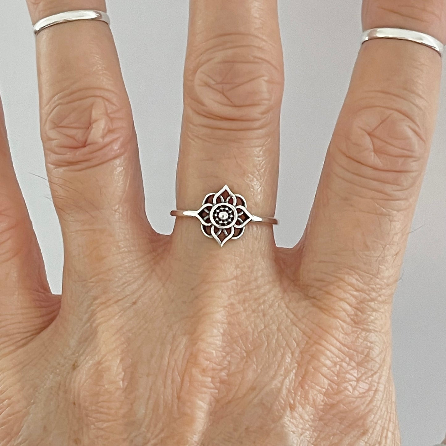 Sterling Silver Small Mandala Ring, Lotus Flower Ring, Silver Rings