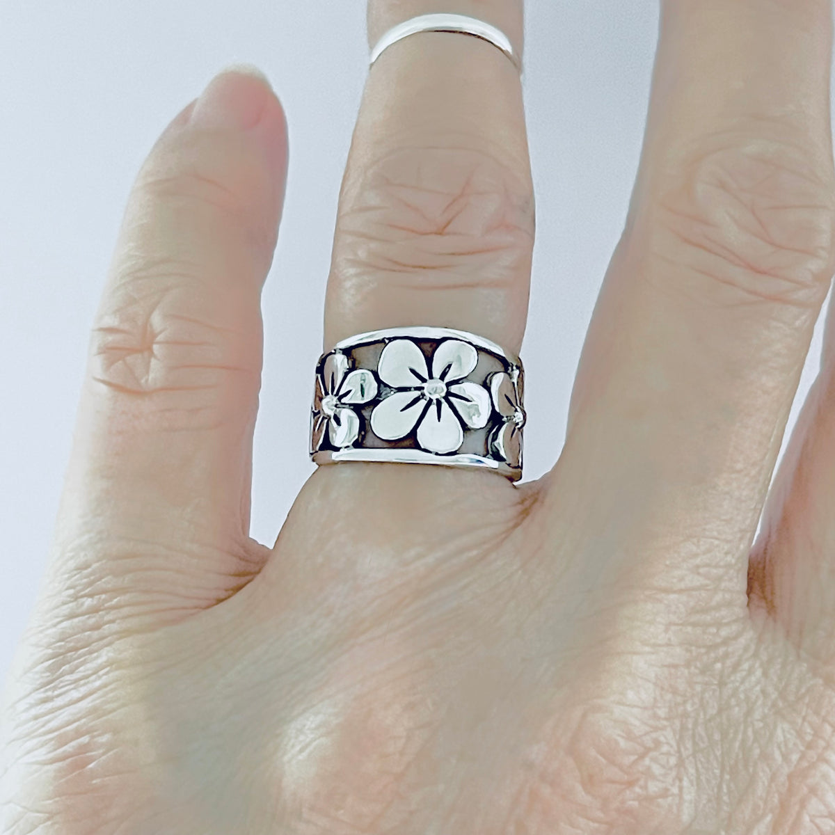 925 Sterling Silver Triple Plumeria Flower Ring  – Hawaiian Floral Silver Rings
