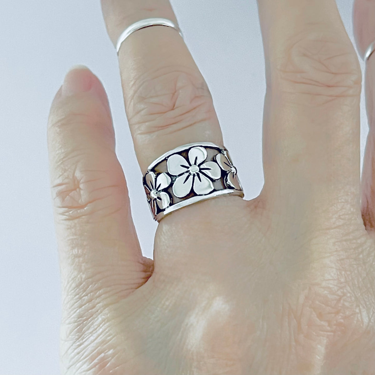 925 Sterling Silver Triple Plumeria Flower Ring  – Hawaiian Floral Silver Rings